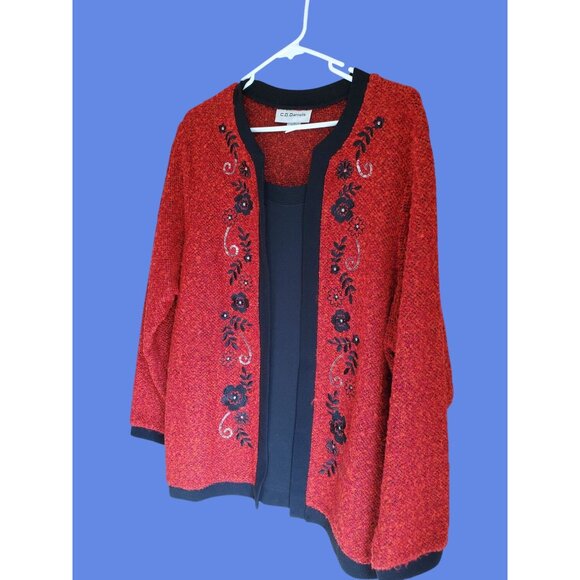 Vtg 90s CD Daniels 1X Red & Black Floral Embroidered Beaded Sweater - Video - Picture 5 of 8